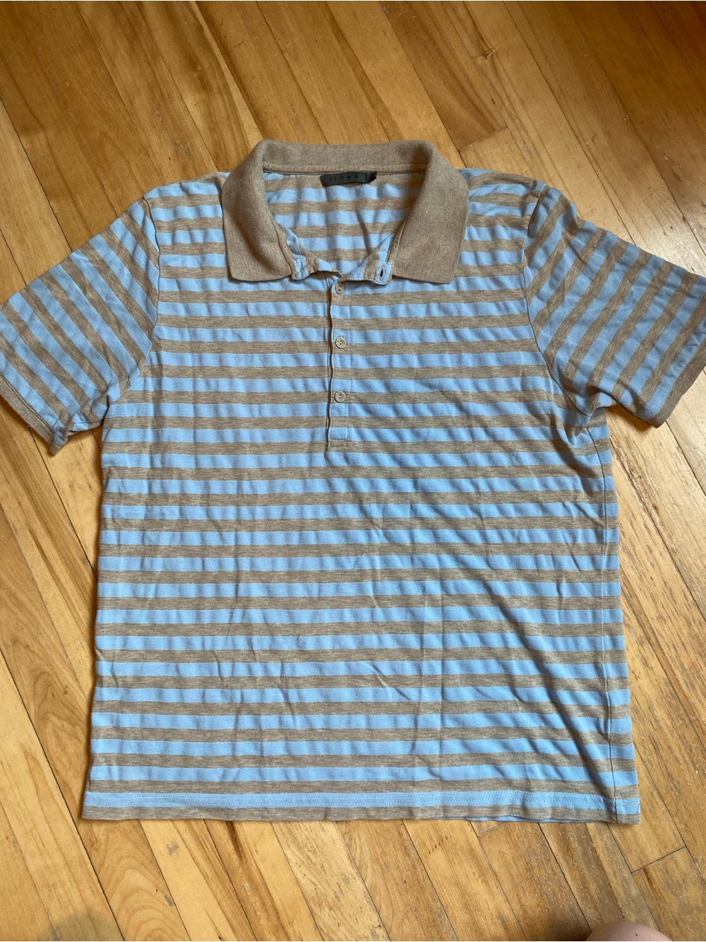 Striped Polo Shirt in Light Blue and Tan Beige Lightweight Size L Preppy Summer